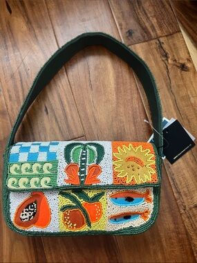America & beyond Beaded Patchwork Shoulder Bag in Green, Orange & Blue